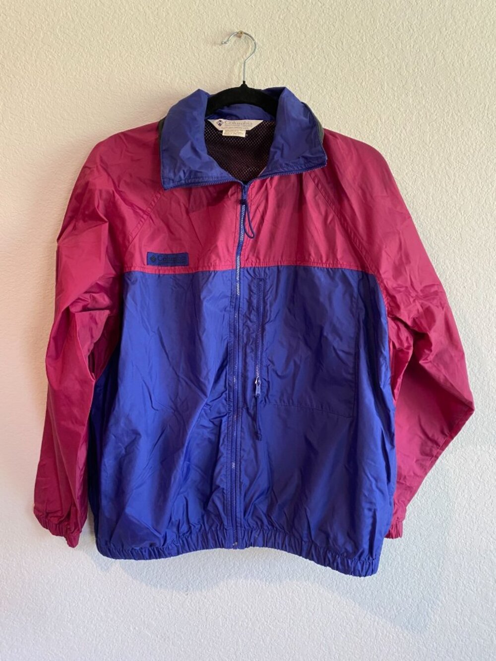 Columbia Vintage 90s Windbreaker Jacket Womens M Pink Blue Colorblock Full Zip